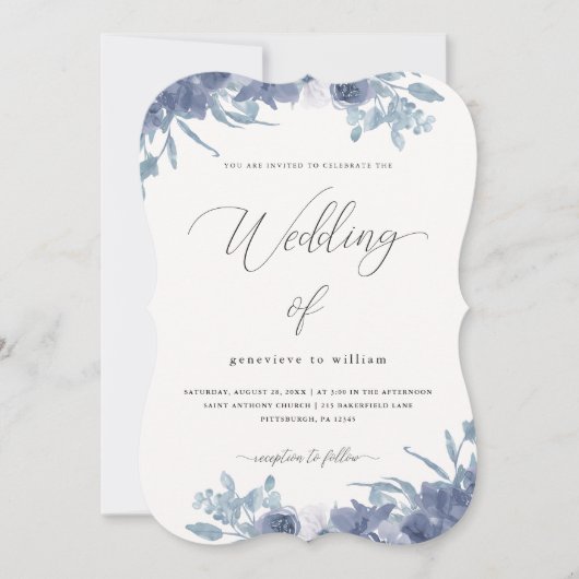 Chique Blauwe Bloemen met Kalligrafie Foto Bruilof Kaart