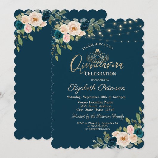 Chique Blauwe Bloemen Slinger Licht Quinceañera Kaart (Voorkant / Achterkant)