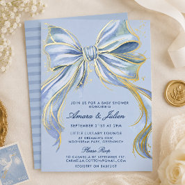 Chique Blauwe Couture Waterverf Strik Baby Shower Folie Uitnodiging