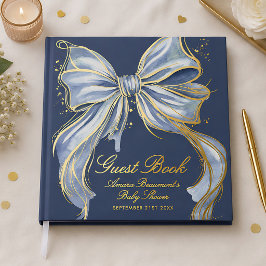 Chique Blauwe Couture Waterverf Strik Gouden Baby Gastenboek