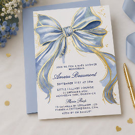 Chique Blauwe Couture Waterverf Strik Jongens Baby Folie Uitnodiging