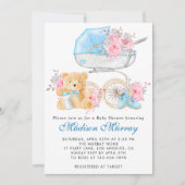 Chique blauwe en roze bloemstroller babyshower kaart (Voorkant)