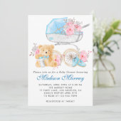 Chique blauwe en roze bloemstroller babyshower kaart (Staand voorkant)