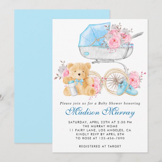 Chique blauwe en roze bloemstroller babyshower kaart (Voorkant / Achterkant)