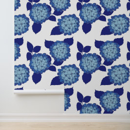 Chique Blauwe en Witte Bloemige Hortensia's Patroo Behang