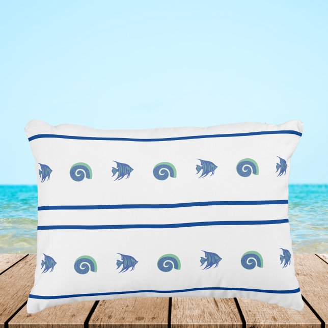 Chique Blauwe en Witte Strepen Zeeschelpen en Viss Accent Kussen (Creator heeft geüpload)