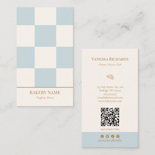 Chique blauwe geruite bakkerij QR-code verticaal Visitekaartje (Voorkant / Achterkant)