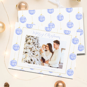 Chique blauwe geruite kerstfoto van het gezin feestdagenkaart