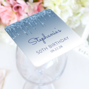 Chique Blauwe Glitter Drip 50ste Verjaardagsfeestj Kartonnen Onderzetters