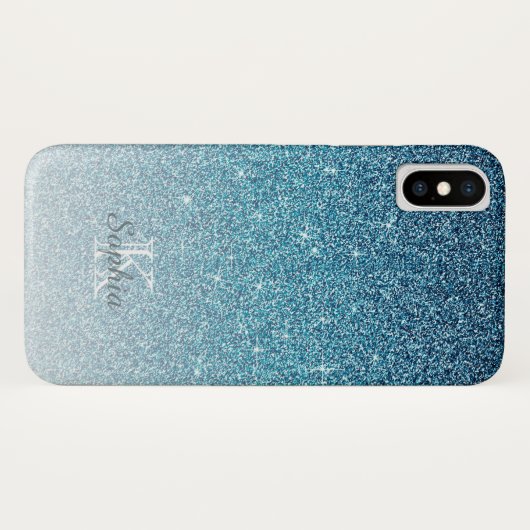 Chique Blauwe Glitter Glans Monogram Naam Case-Mate iPhone Case (Achterkant (horizontaal))