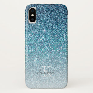Chique Blauwe Glitter Glans Monogram Naam Case-Mate iPhone Case
