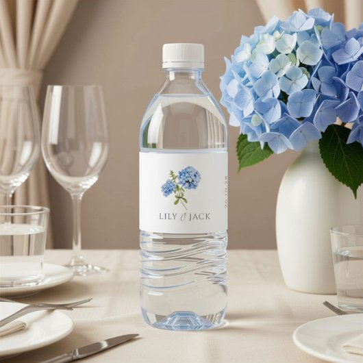 Chique Blauwe Hortensia Bruiloft Waterfles Etiket