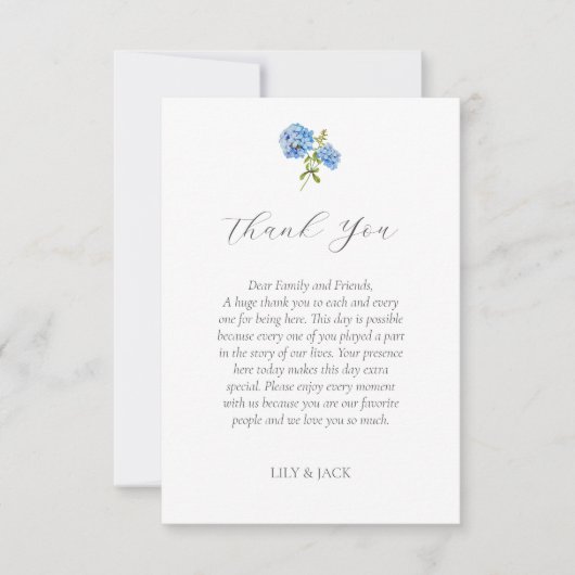 Chique blauwe Hydrangea bruiloft dank u kaart (Voorkant)