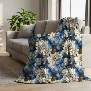 Chique Blauwe Ivoren Bloemrijke Elegante Knuffelig Sherpa Deken