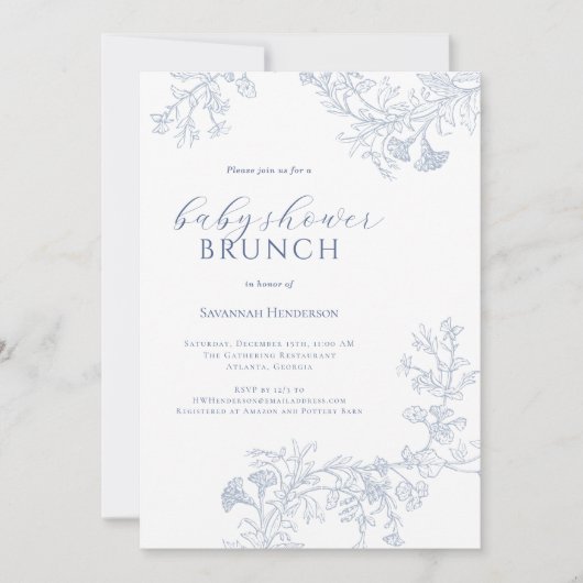 Chique blauwe lijn getekend bloemig Baby shower br Kaart (Voorkant)