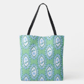 Chique blauwe maagdenpalmmotieven op groene achter tote bag (Achterkant)