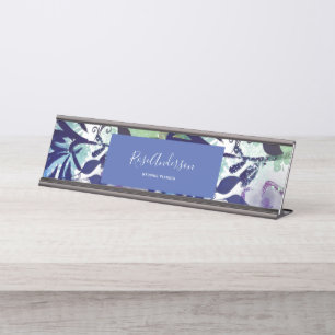 Chique Blauwe Paarse Bloem Typografie Bureau Naambordje