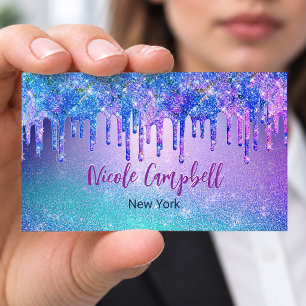Chique blauwe paarse ombre glitter druppels visitekaartje