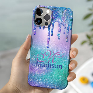 Chique blauwe paarse ombre glitterdruppels monogra Case-Mate iPhone 14 hoesje