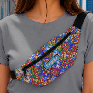 Chique Blauwe Paarse Talavera Tegel Monogram Patro Heuptasje