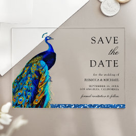 Chique Blauwe Pauw Indiase Trouw Save the Date Acryl Uitnodigingen