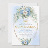 Chique Blauwe Pioen Gouden Script Quinceañera Uitn Kaart (Voorkant)