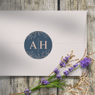 Chique blauwe & roze gouden monogram bruiloft ronde sticker