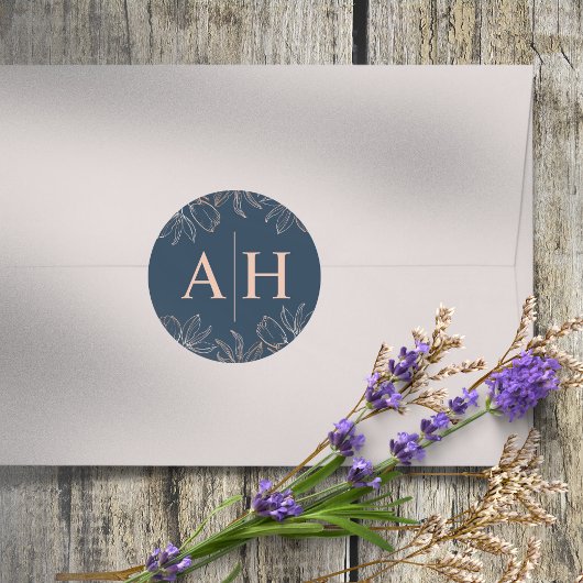 Chique blauwe & roze gouden monogram bruiloft ronde sticker