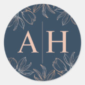 Chique blauwe & roze gouden monogram bruiloft ronde sticker (Voorkant)