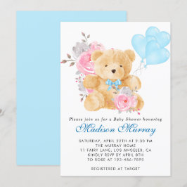 Chique Blauwe Roze Grijs Bloem Teddybeer Baby Show Kaart