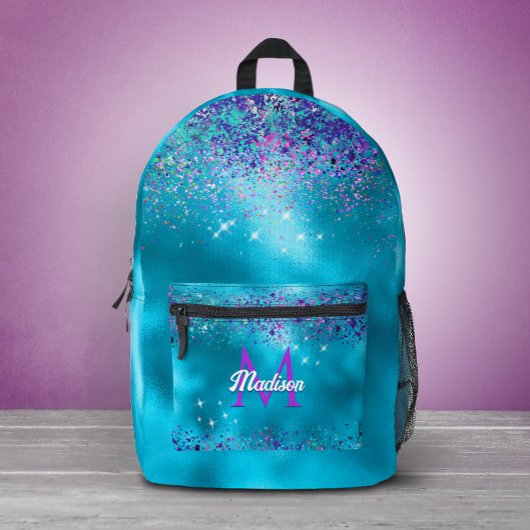 Chique blauwe roze iriserende glinster monogram bedrukte rugzak