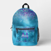 Chique blauwe roze iriserende glinster monogram bedrukte rugzak (Voorkant)