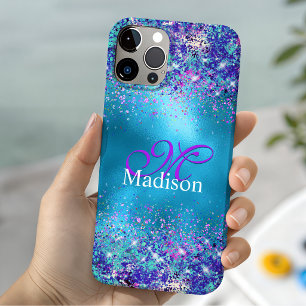 Chique blauwe roze iriserende glinster monogram Case-Mate iPhone case