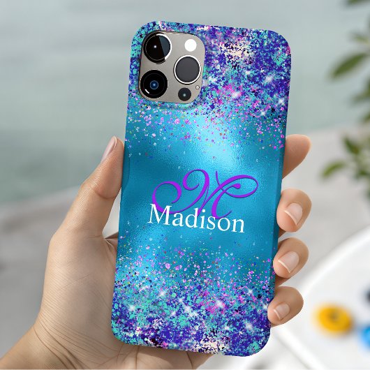 Chique blauwe roze iriserende glinster monogram Case-Mate iPhone case