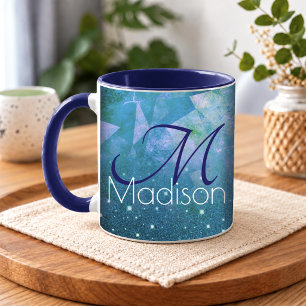 Chique blauwe roze ombre glitter monogram mok