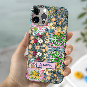 Chique blauwe roze Siciliaanse citrus bloemtegels iPhone 15 Case
