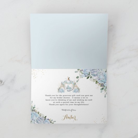 Chique Blauwe Rozen Prinsessen Koets Bruidsdouche Bedankkaart (Binnen)