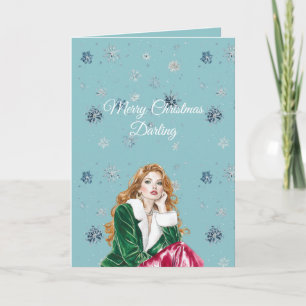 Chique Blauwe Sneeuwvlokken Roodharige Vrouw Kaart