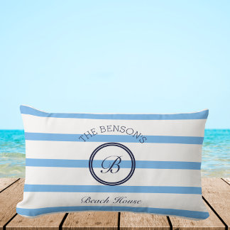 Chique Blauwe Strepen Monogram Familie Strandhuis Kussen