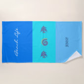 Chique Blauwe Strepen Naam Shell en Vis Strandlaken (Voorkant)