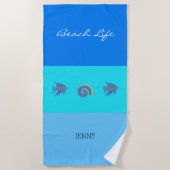 Chique Blauwe Strepen Naam Shell en Vis Strandlaken (Voorkant)