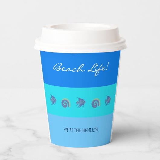 Chique blauwe strepen Vis en schelpen Beach House Papieren Bekers (Achterkant)