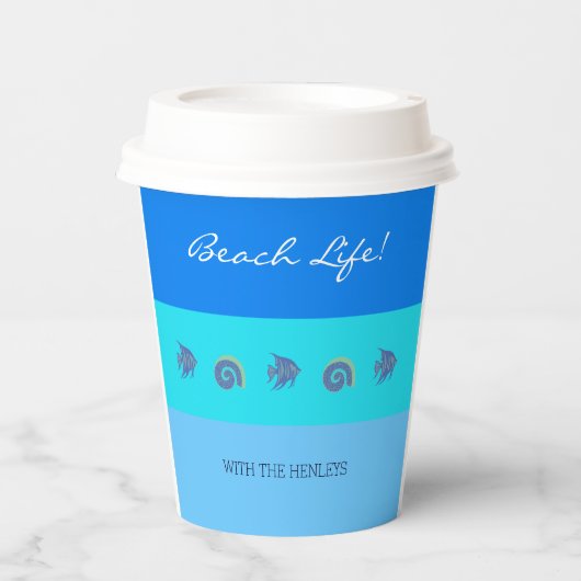 Chique blauwe strepen Vis en schelpen Beach House Papieren Bekers (Voorkant)