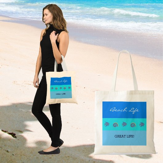 Chique Blauwe Strepen Vis en Zeeschelpen Strandlev Tote Bag