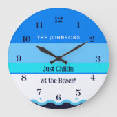 Chique blauwe strepen Wave familienaam Beach House Grote Klok (Voorkant)