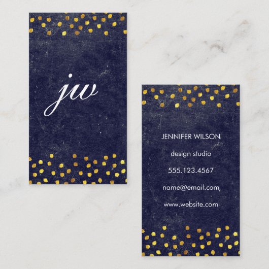 chique blauwe textuur met gouden spikkels monogram visitekaartje (Voorkant / Achterkant)