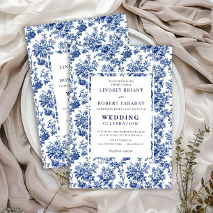 Chique Blauwe Toile de Jouy Elegante Trouw Uitnodi Kaart
