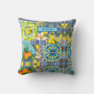 Chique blauwe turquoise Siciliaanse citrus bloemte Kussen