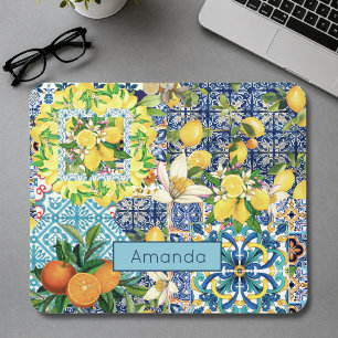 Chique blauwe turquoise Siciliaanse citrus bloemte Muismat