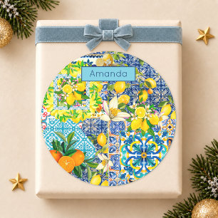 Chique blauwe turquoise Siciliaanse citrus bloemte Ronde Sticker